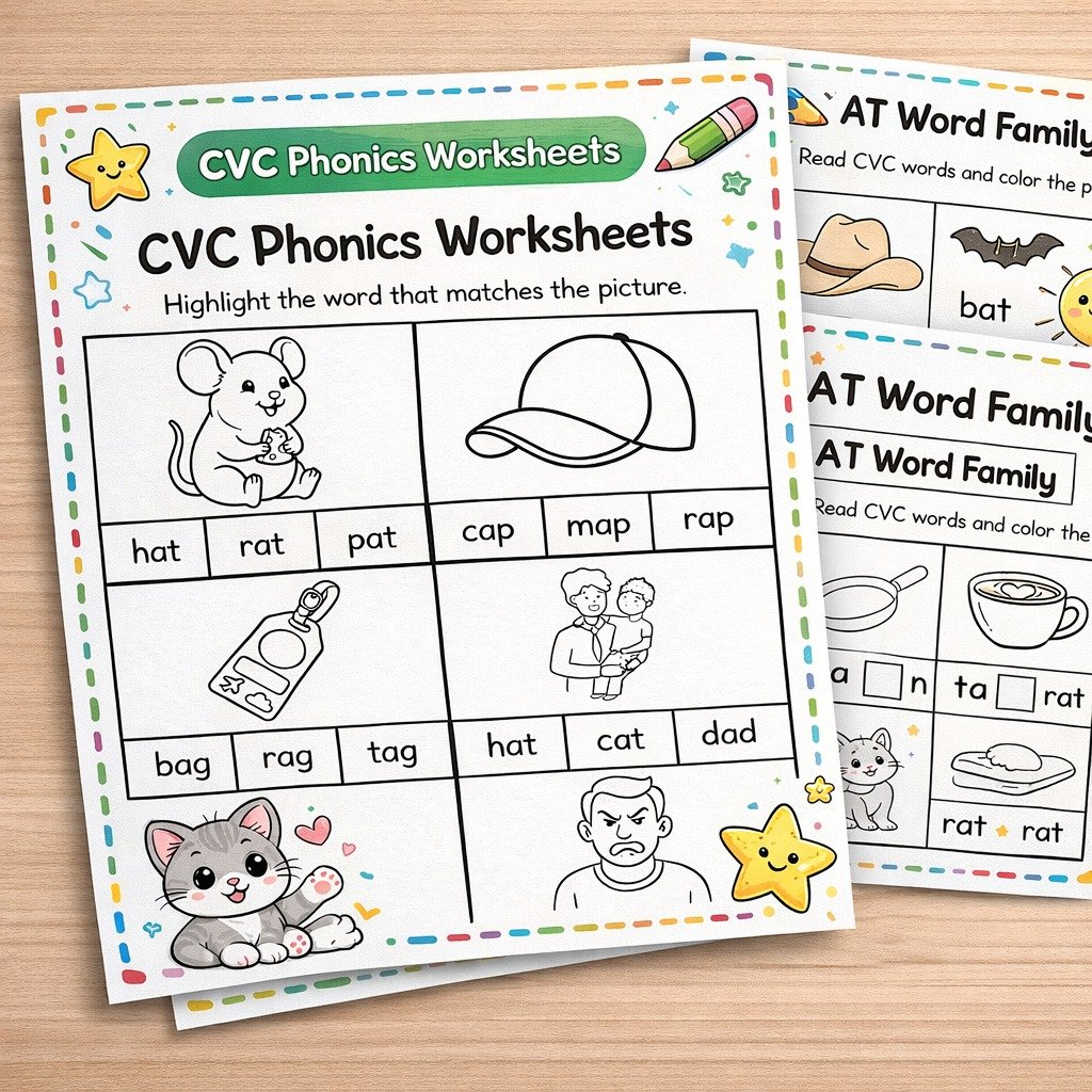 Phonics CVC Words & Missing Middle Sound Worksheet Bundle – 15 Pages