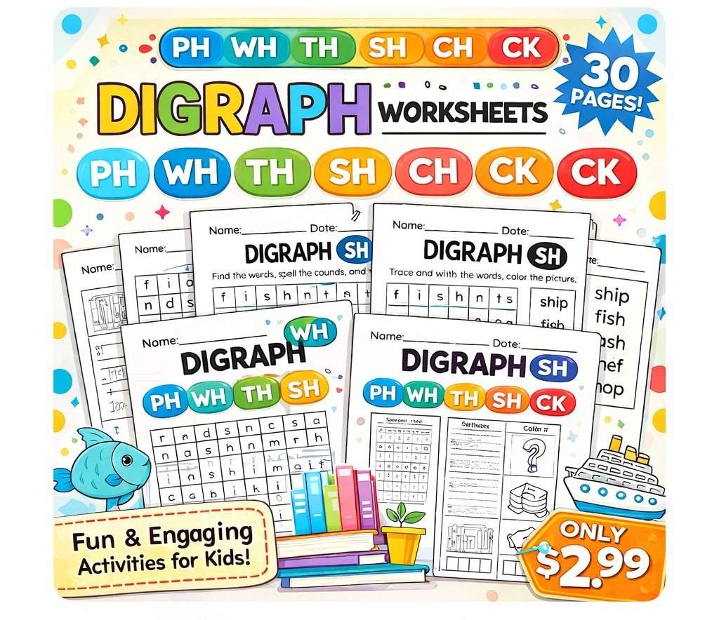 Digraph Sounds Worksheets  PH, WH, TH, SH, CH, CK  Phonics Activities