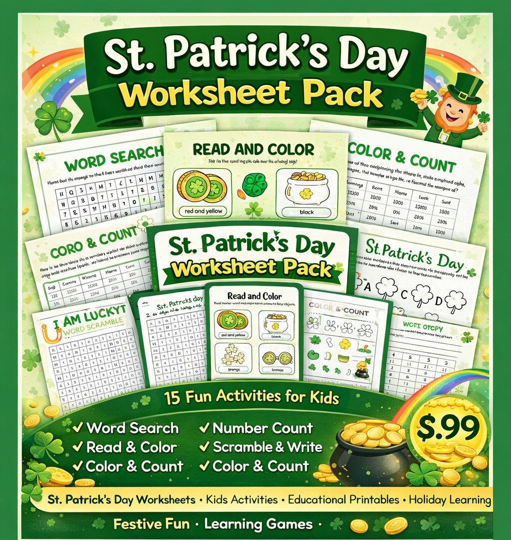 St. Patrick’s Day Worksheet Pack | 15 Printable Activities | Word Search, Coloring, Counting & Writing