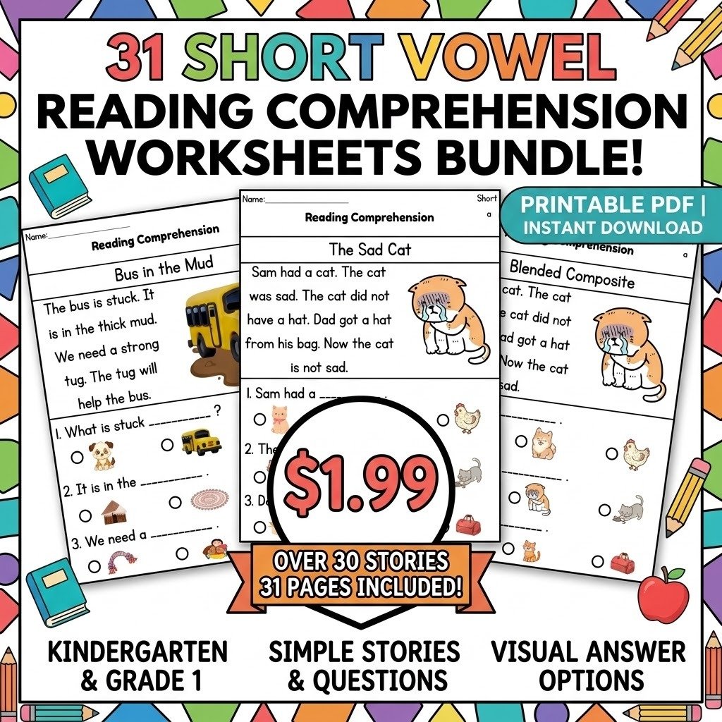 Reading Comprehension Worksheets Bundle for Kindergarten & Grade 1