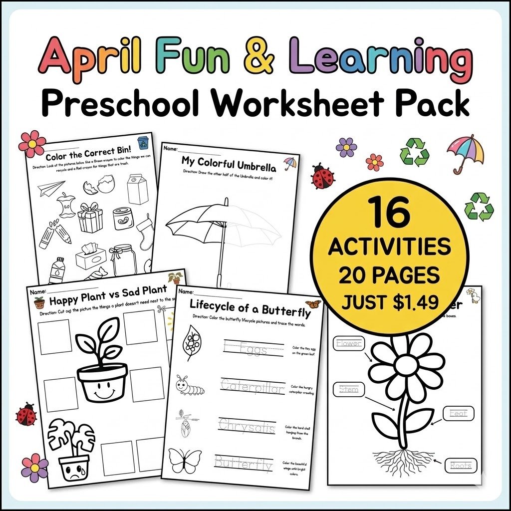 April Fun & Learning Preschool Worksheet Pack