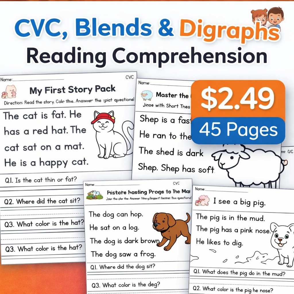 CVC, Blends & Digraphs Reading Comprehension Worksheets