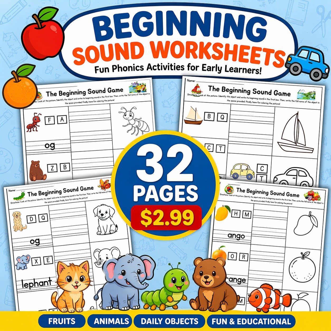 Beginning Sound Worksheets for Kids | 32 Pages Phonics Activity Book 