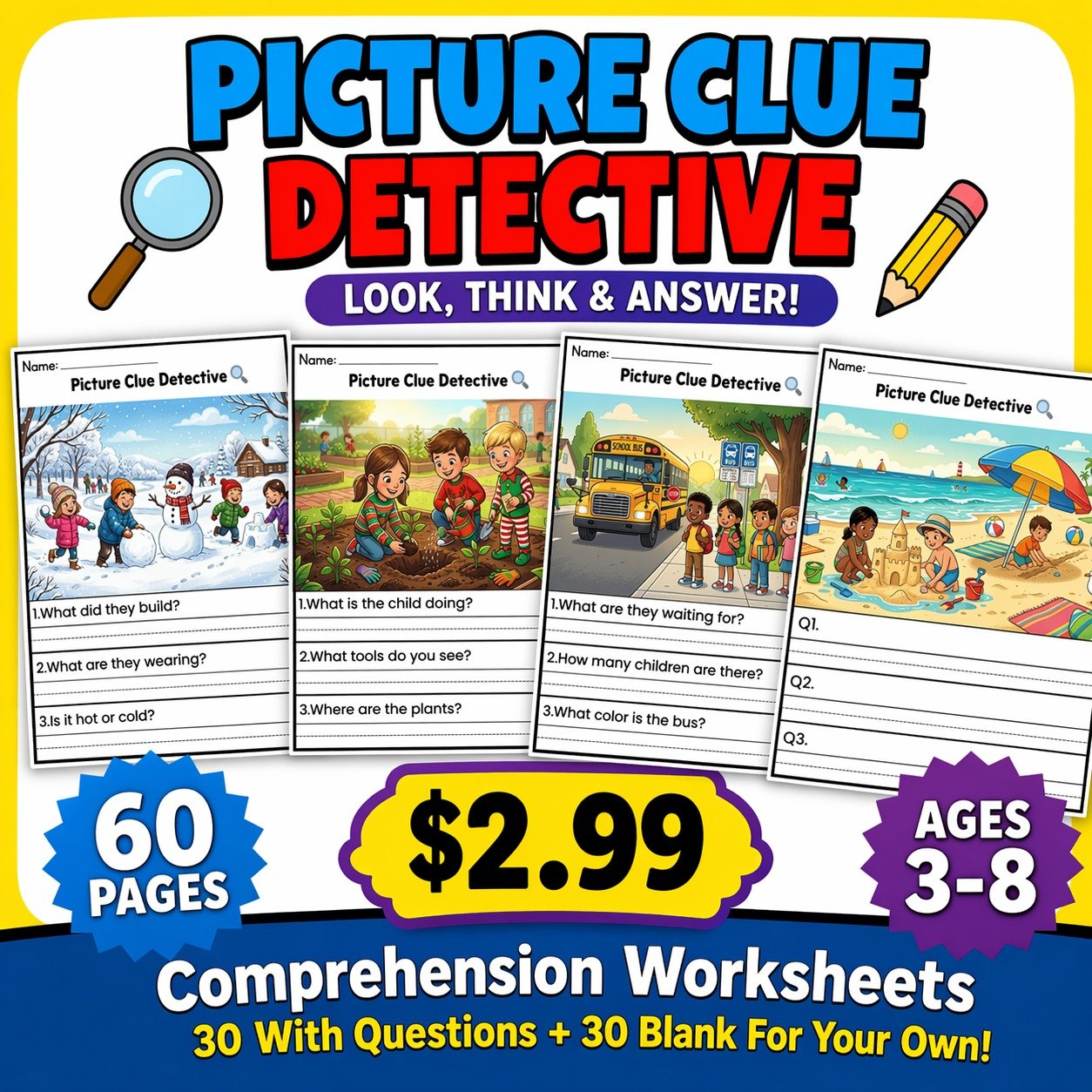 Picture Clue Detective Worksheets | 60 Pages Comprehension Activity