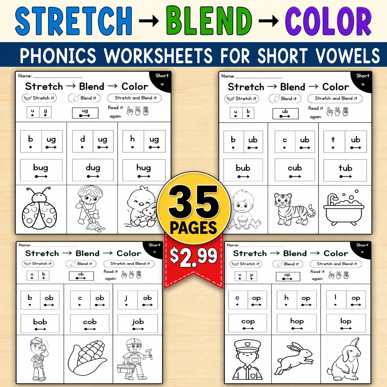 Short Vowel Phonics Worksheets | Stretch Blend Color Activities