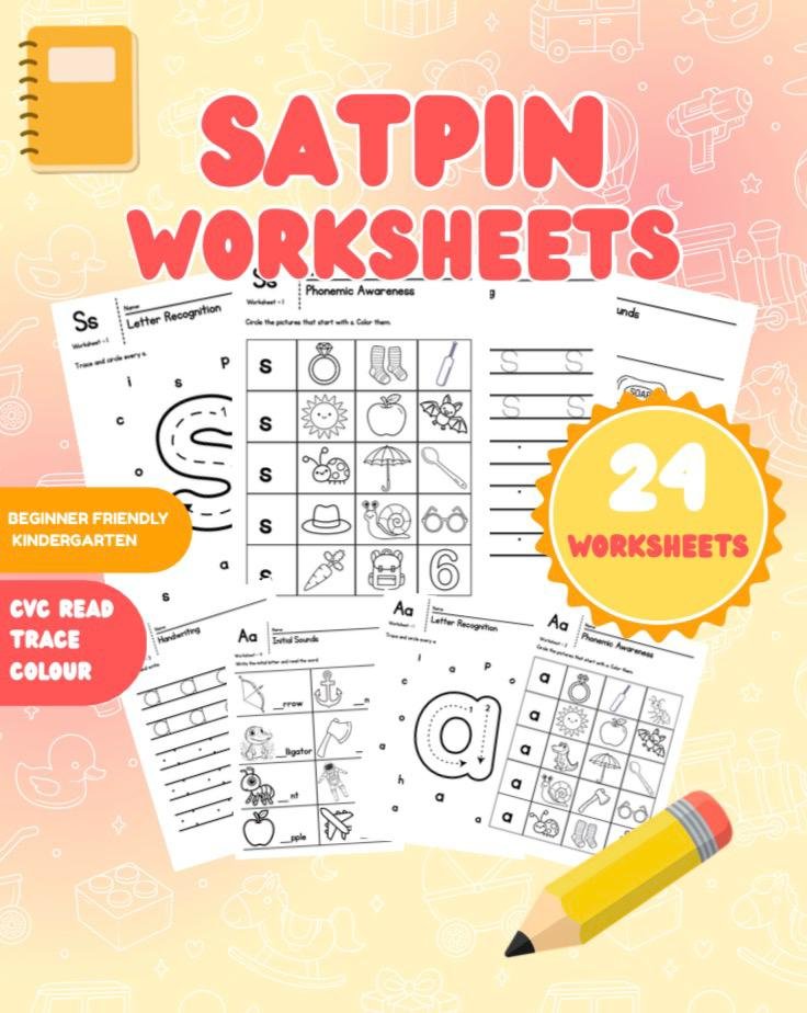 SATPIN Phonics Worksheets Bundle | Letter Recognition, Beginning Sounds, Handwriting Practice | Preschool Kindergarten Printable