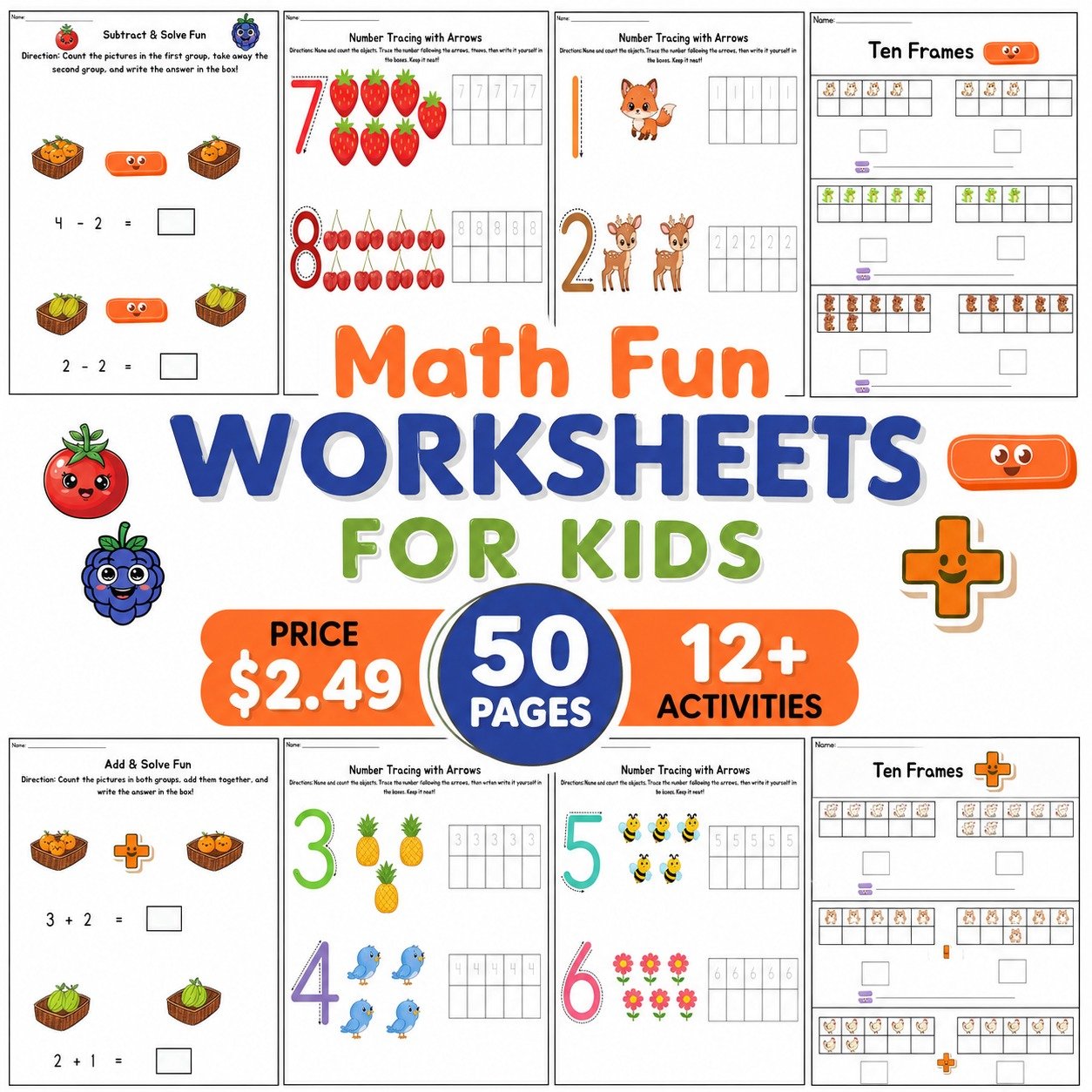 Math Worksheets for Kids | 50 Pages | 12+ Activities | Number Tracing, Subtraction, Ten Frames