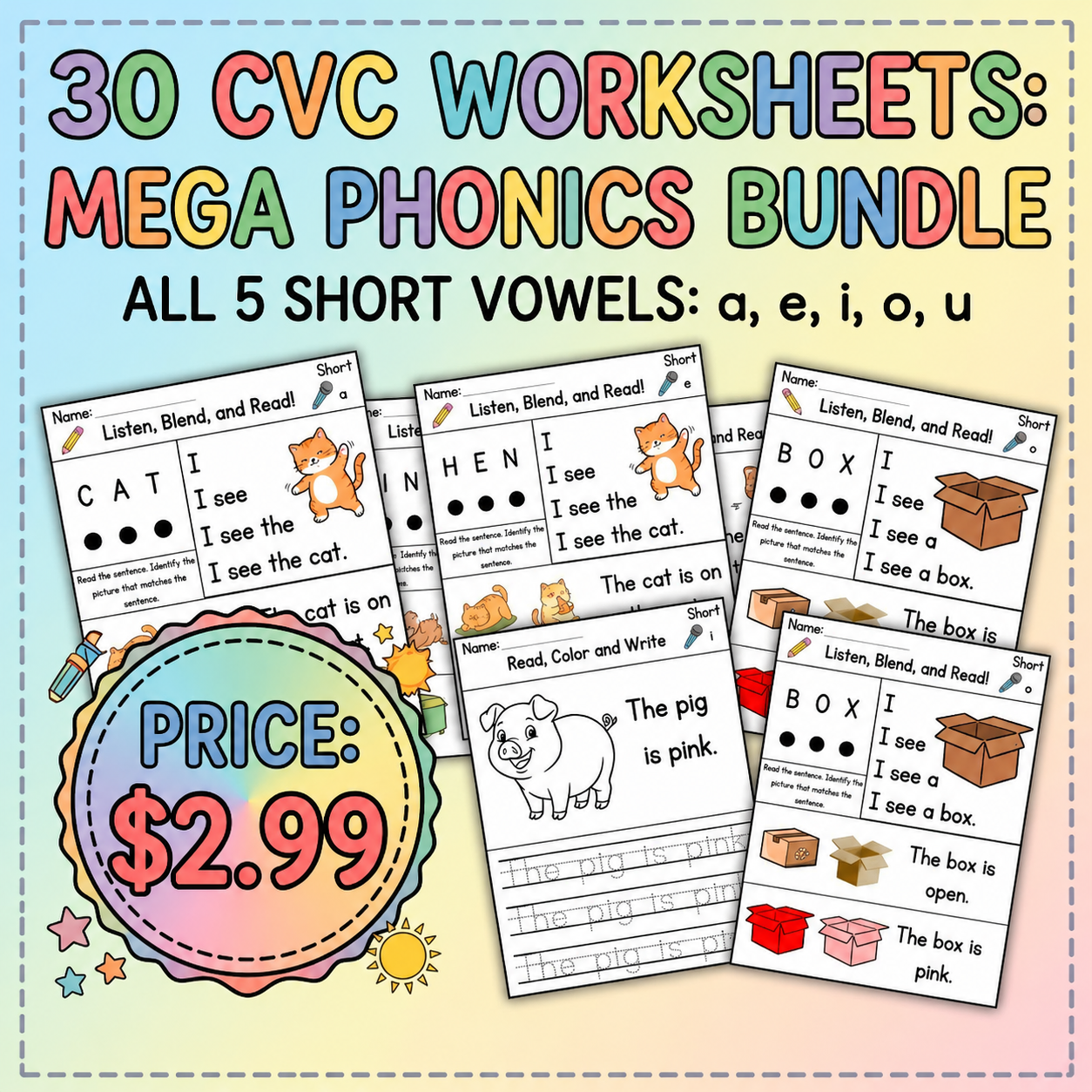 30 CVC Phonics Worksheets: Read, Trace & Color