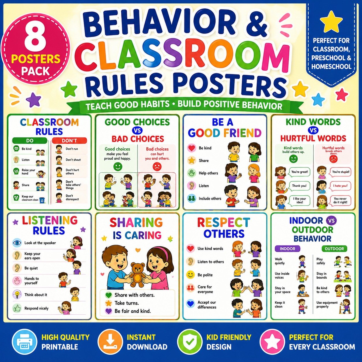 Behavior & Classroom Rules Posters Pack | 8 Kids Learning Charts | Kindergarten & Preschool Classroom Decor