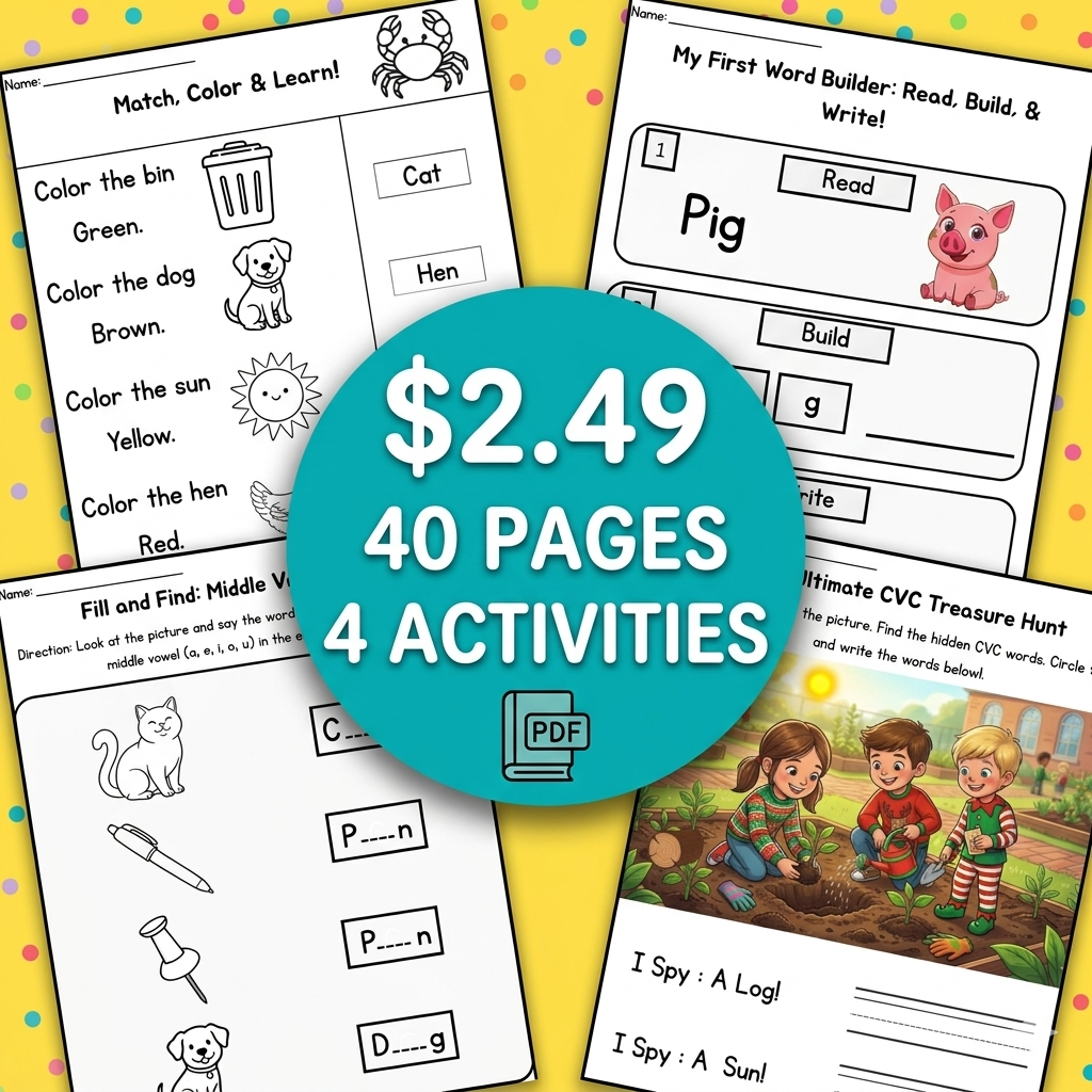 Kindergarten Phonics Pack: 40 CVC Worksheets - Match, Color, and Find