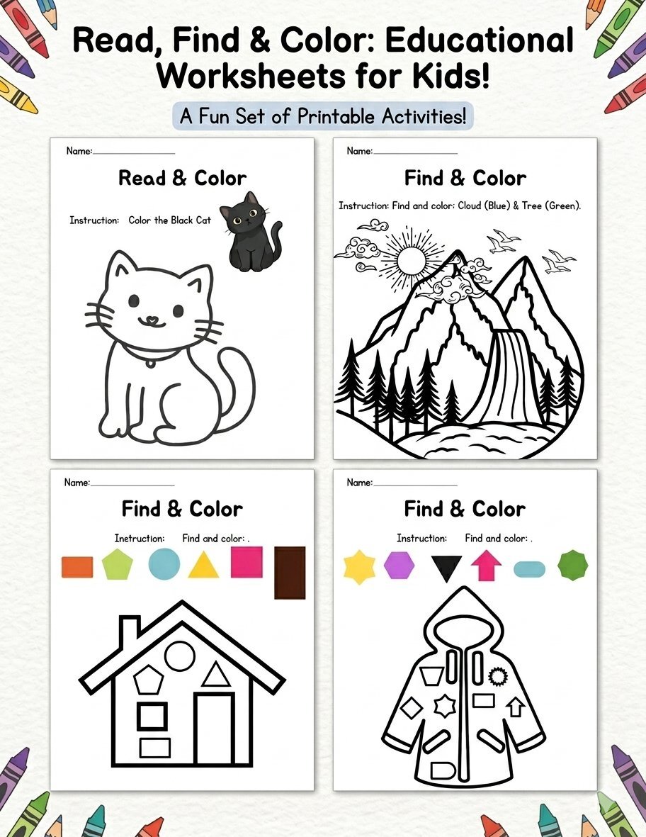 100 Page Read, Find, and Color Mega Bundle | Kindergarten & Preschool Worksheets
