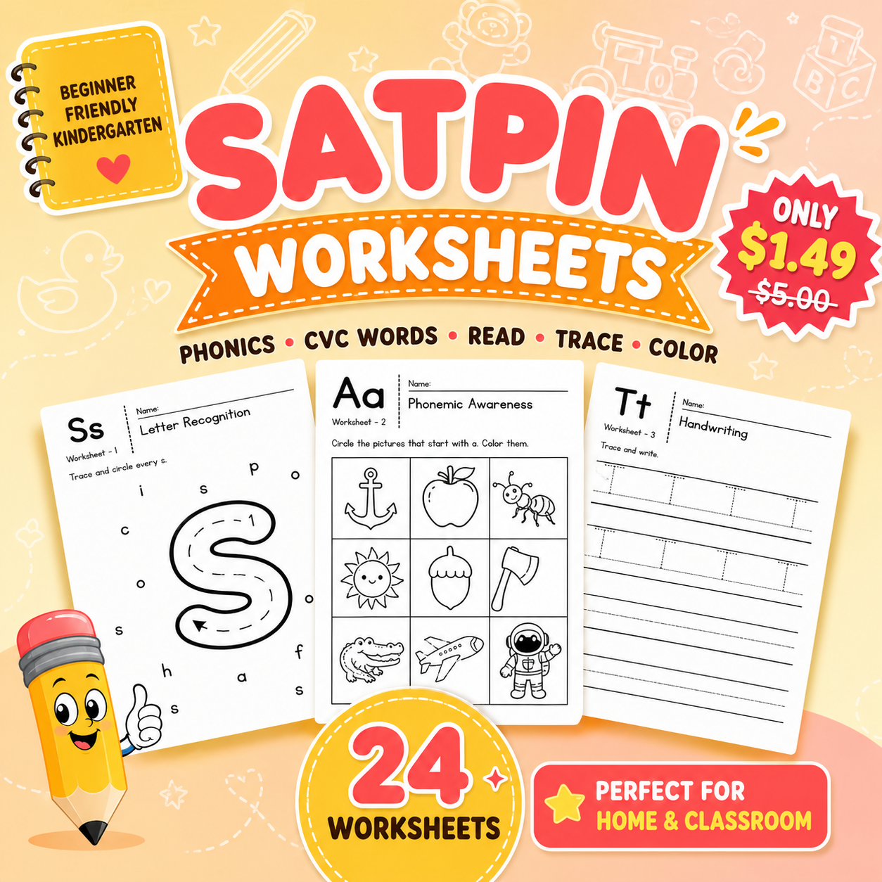 SATPIN Phonics Worksheets Bundle | Letter Recognition, Beginning Sounds, Handwriting Practice | Preschool Kindergarten Printable