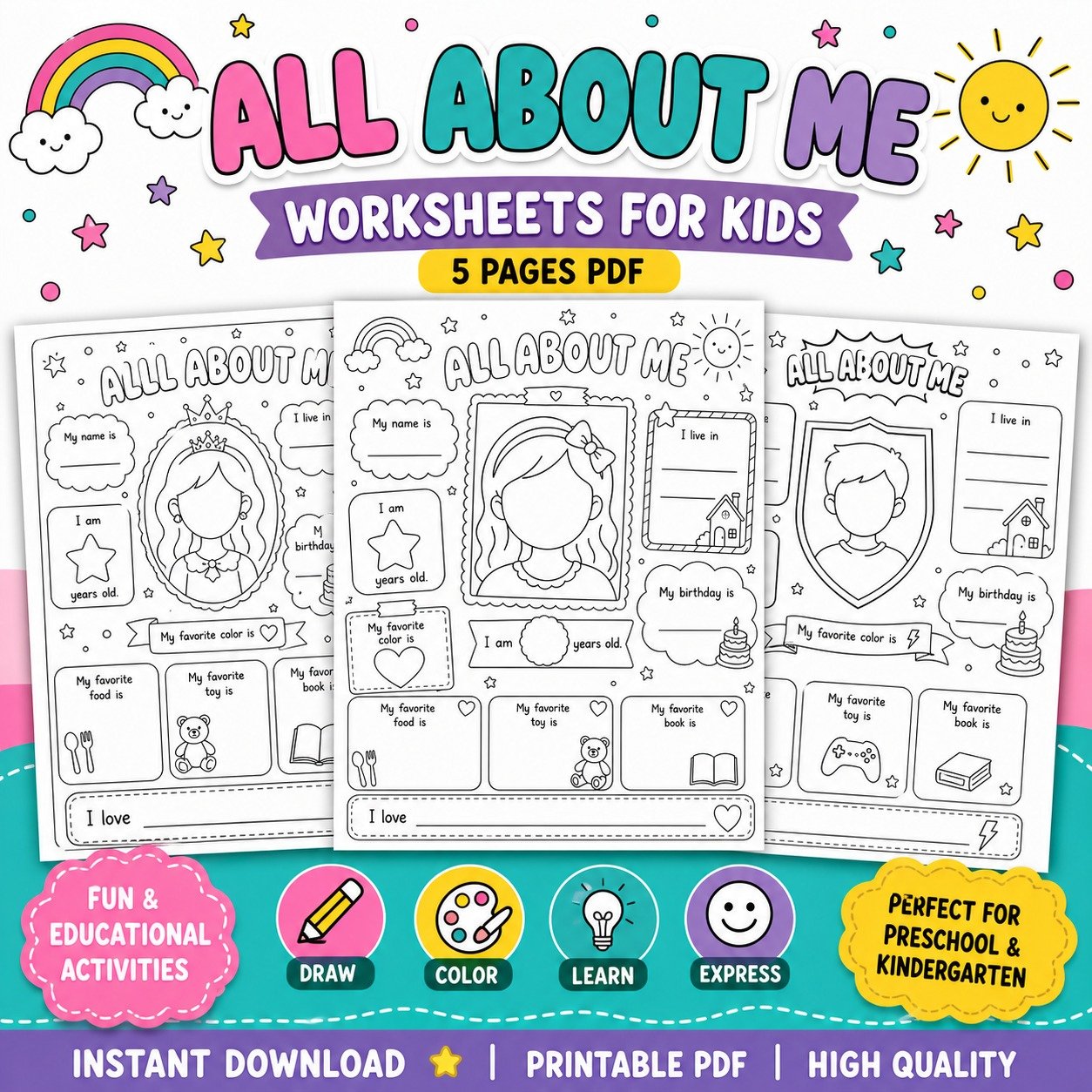 All About Me Worksheets for Kids (5 Pages) | Printable Activity Pack |