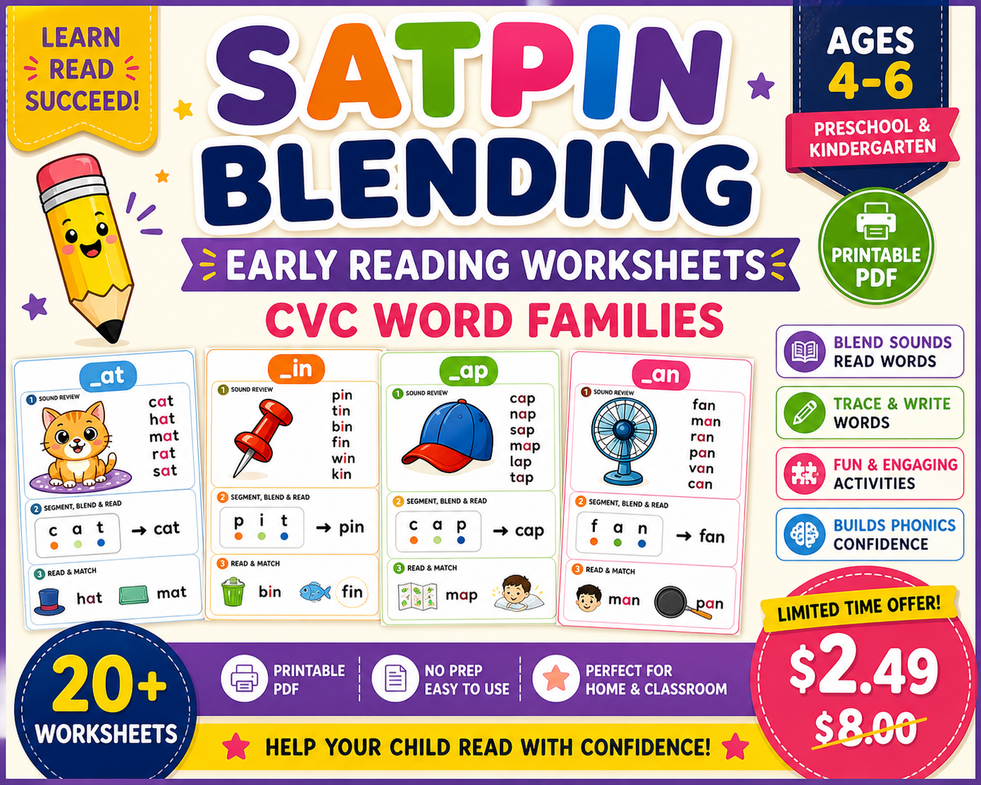 SATPIN Blending Worksheets | CVC Word Families AT IN AP AN | Kindergarten Phonics Printable | Learn to Read Activities | Preschool Literacy Pack