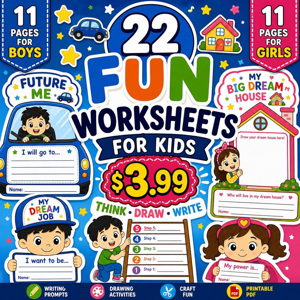 Kids Creative Writing & Craft Worksheets Bundle (22 Pages)