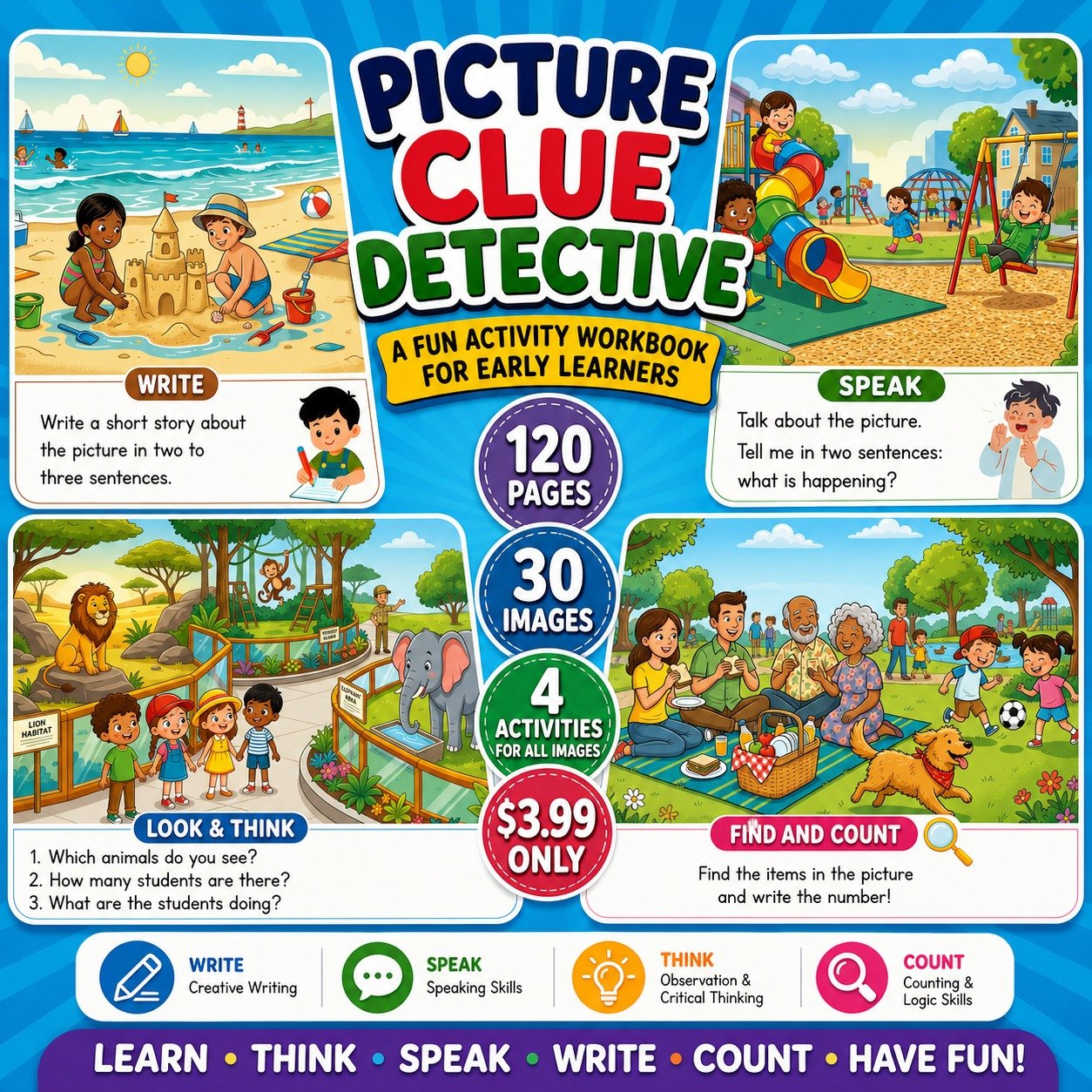 Picture Clue Detective: 4-in-1 Activity Workbook for Kids (Ages 4–7)