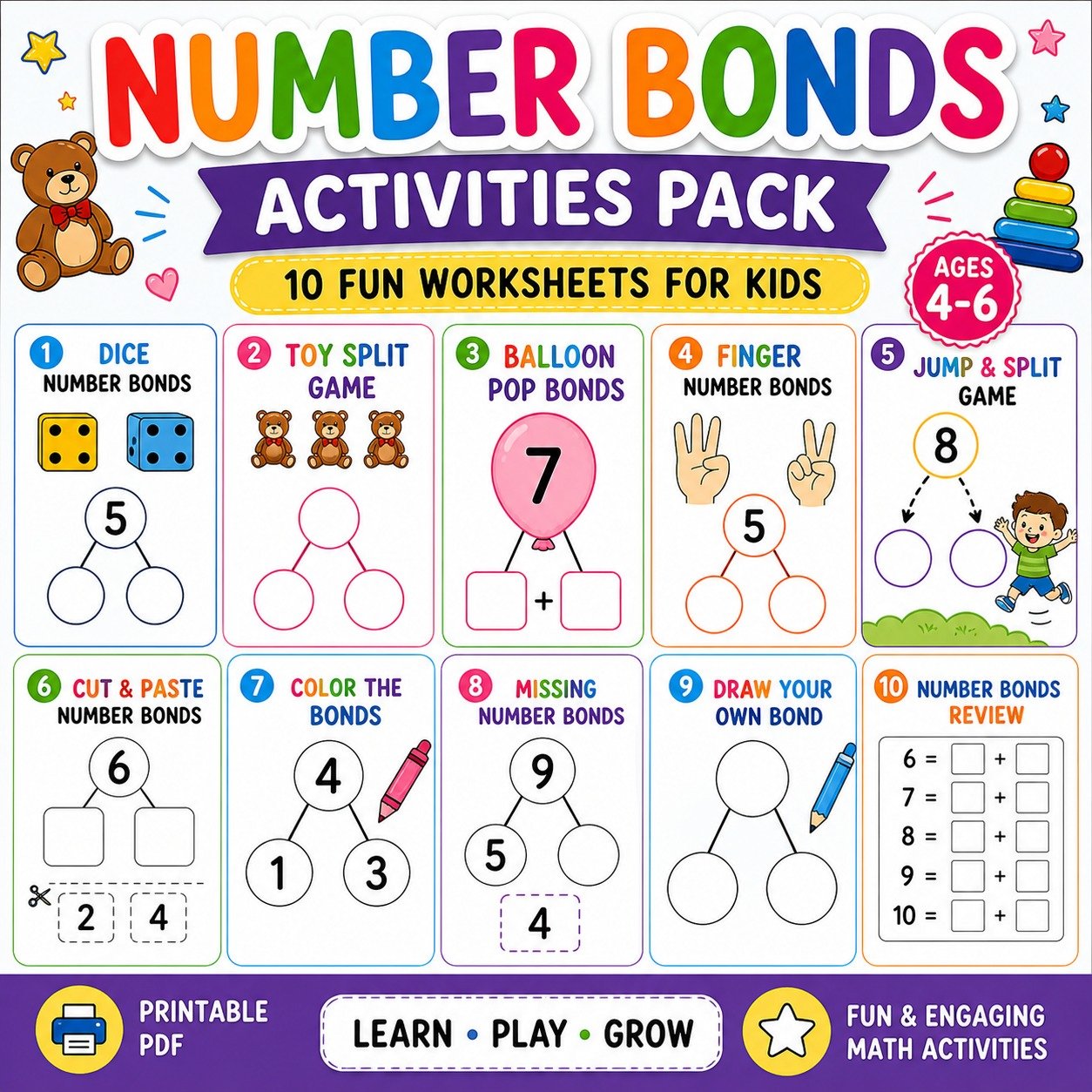 Number Bonds Activities Pack (10 Fun Worksheets for Kids)
