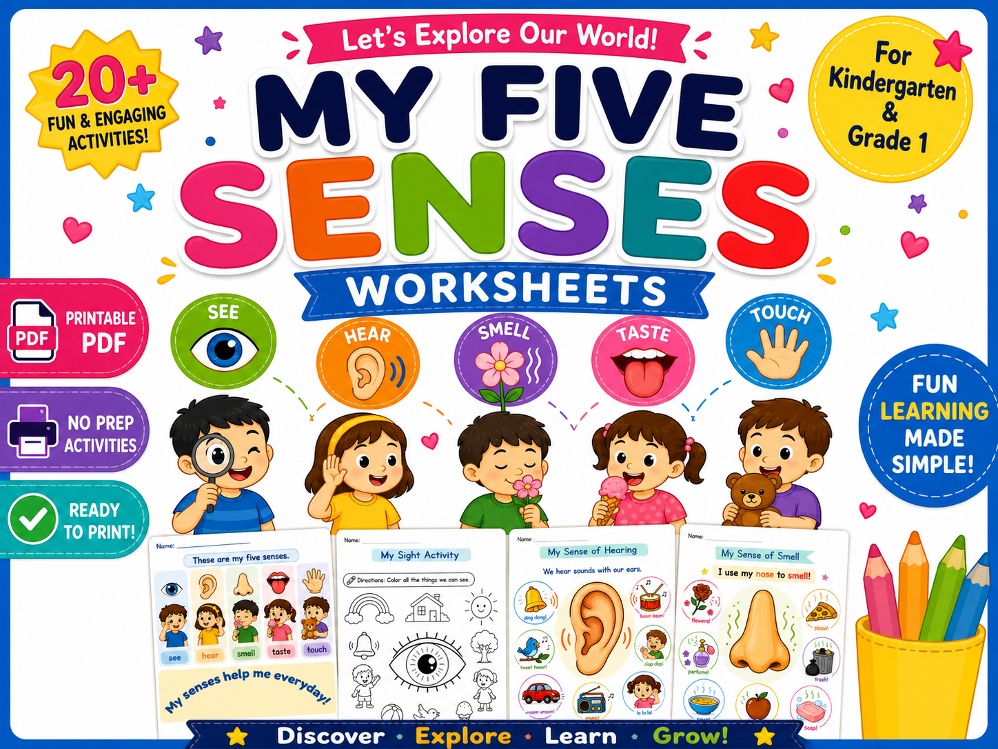 My Five Senses Worksheets for Kindergarten & Grade 1 | Printable PDF Activities | Sight, Hearing, Smell, Taste, Touch | Preschool Science Unit