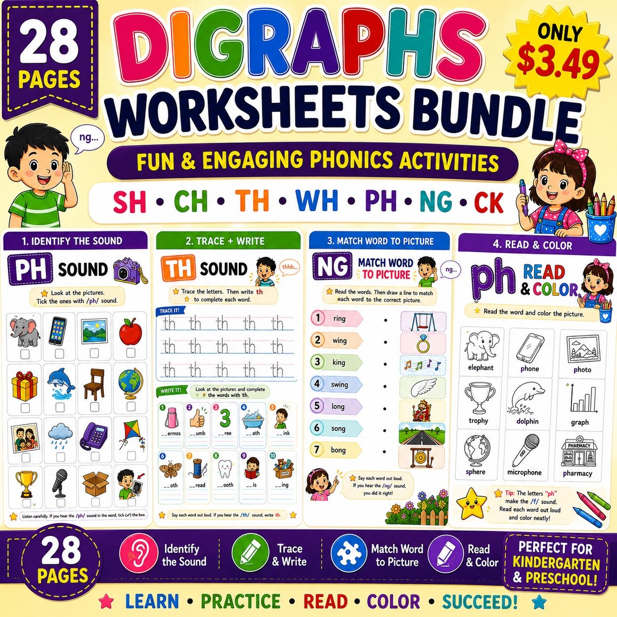 Digraphs Worksheets Bundle | SH CH TH WH PH NG CK | Kindergarten Phonics Activities | Trace, Match, Color