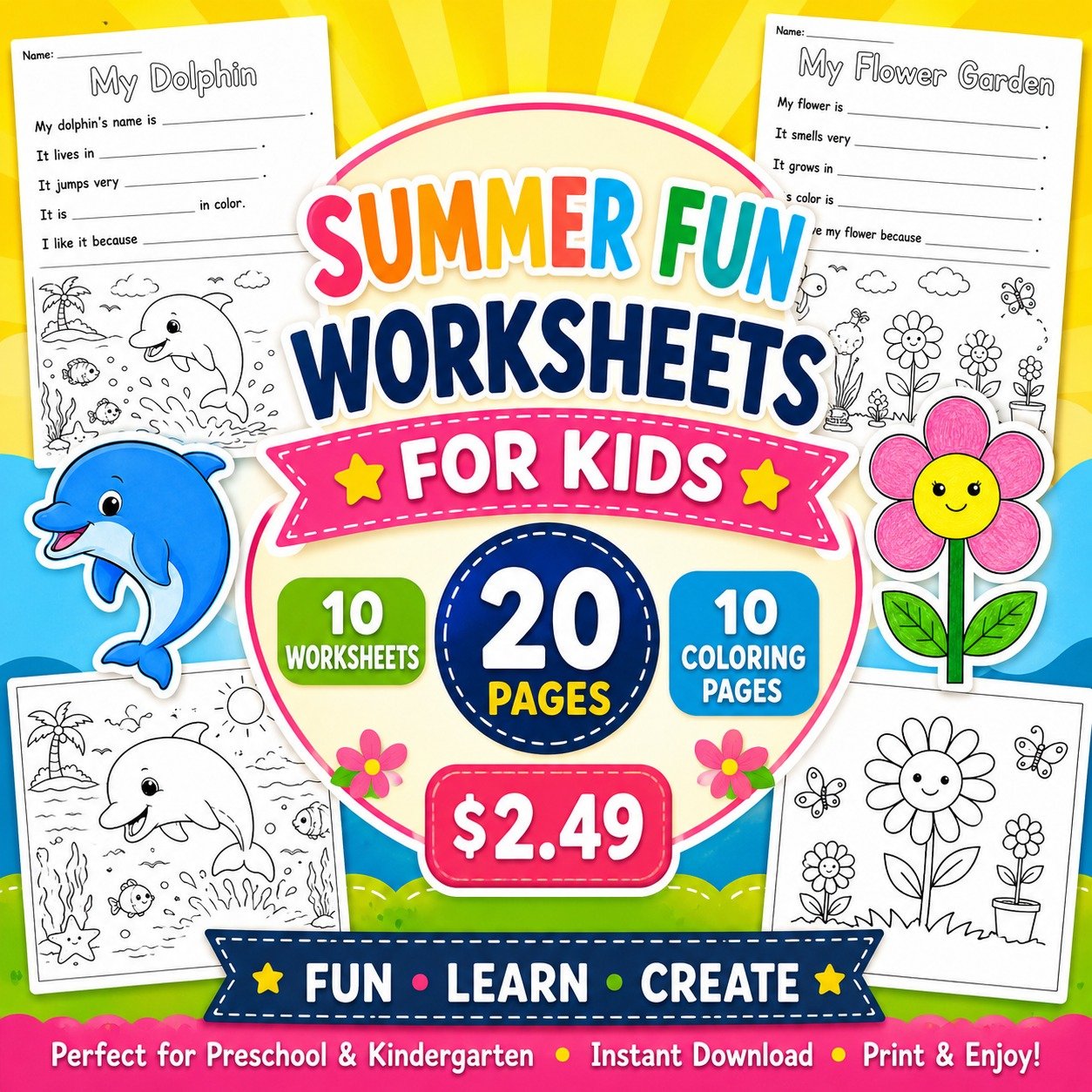 Summer Fun Worksheets for Kids (20 Pages) – Writing + Coloring Activities