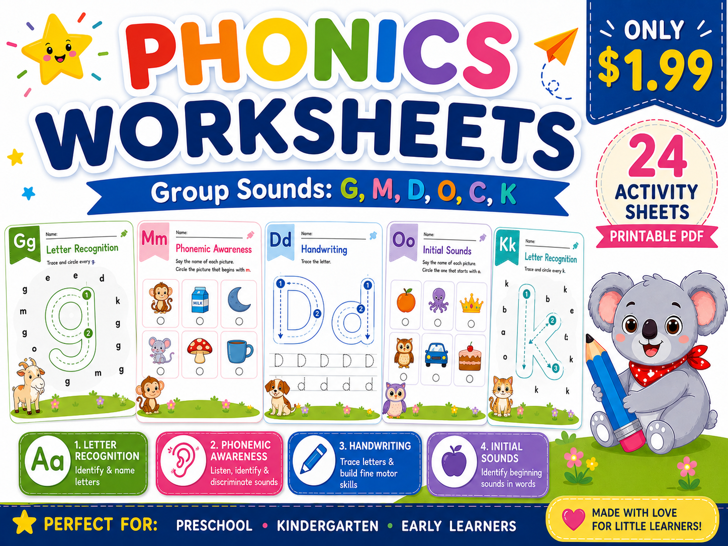 GMDOCK Phonics Worksheets Bundle | Letter Recognition, Phonemic Awareness, Handwriting & Initial Sounds Activities for Preschool & Kindergarten | Printable PDF