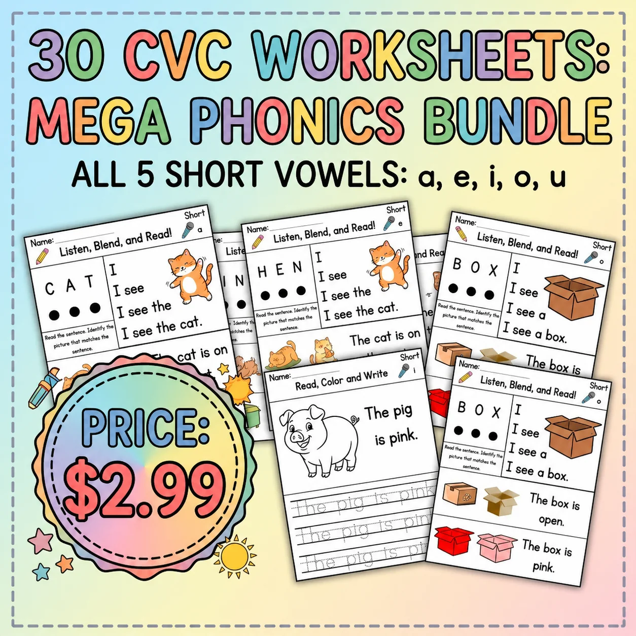 30 CVC Phonics Worksheets: Read, Trace & Color