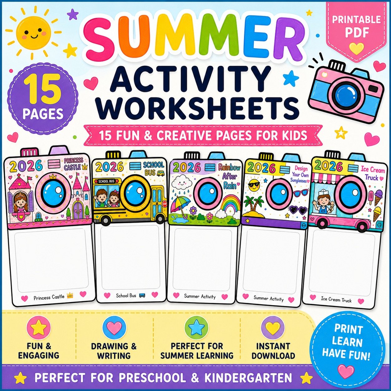 Summer Activity Worksheets for Kids | Camera Theme Learning Pack | Preschool & Kindergarten Activities