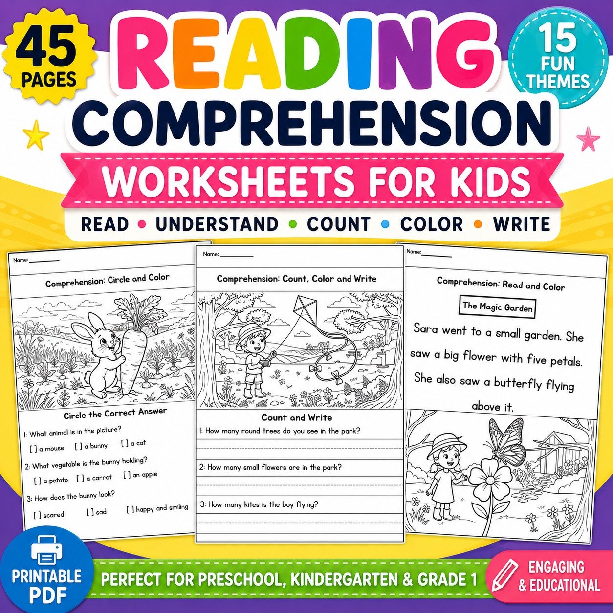 Kids Reading Comprehension Worksheets for Kindergarten  45 Printable Activities for Preschool & Grade 1