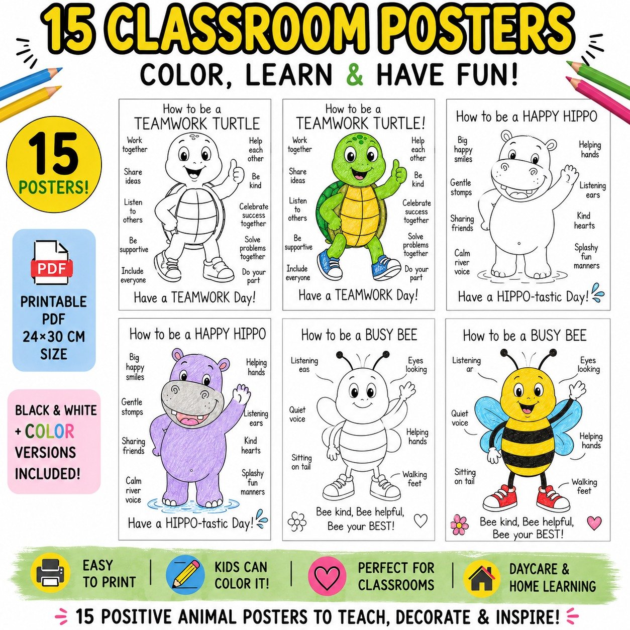 Preschool Animal Behavior Posters for Kids | Printable Classroom Coloring Charts | Cute Black & White SEL Wall Art