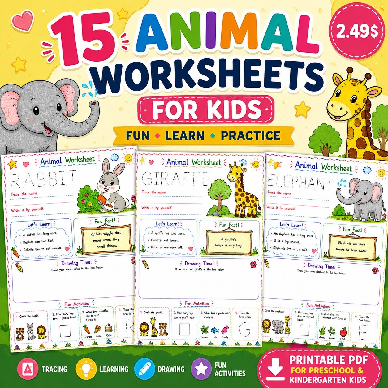 Kindergarten Animal Worksheet Pack 15 Printable Preschool Activities ...