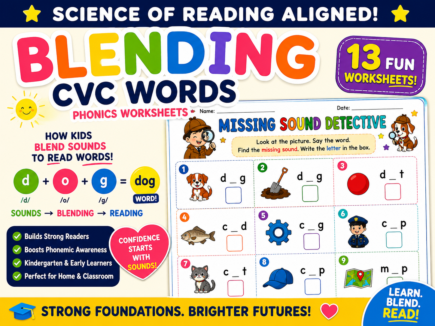 Science of Reading Aligned CVC Blending Worksheets | gmdock Phonics Activities for Kindergarten & Preschool | Beginning Reading Practice | Learn to Read Printable PDF