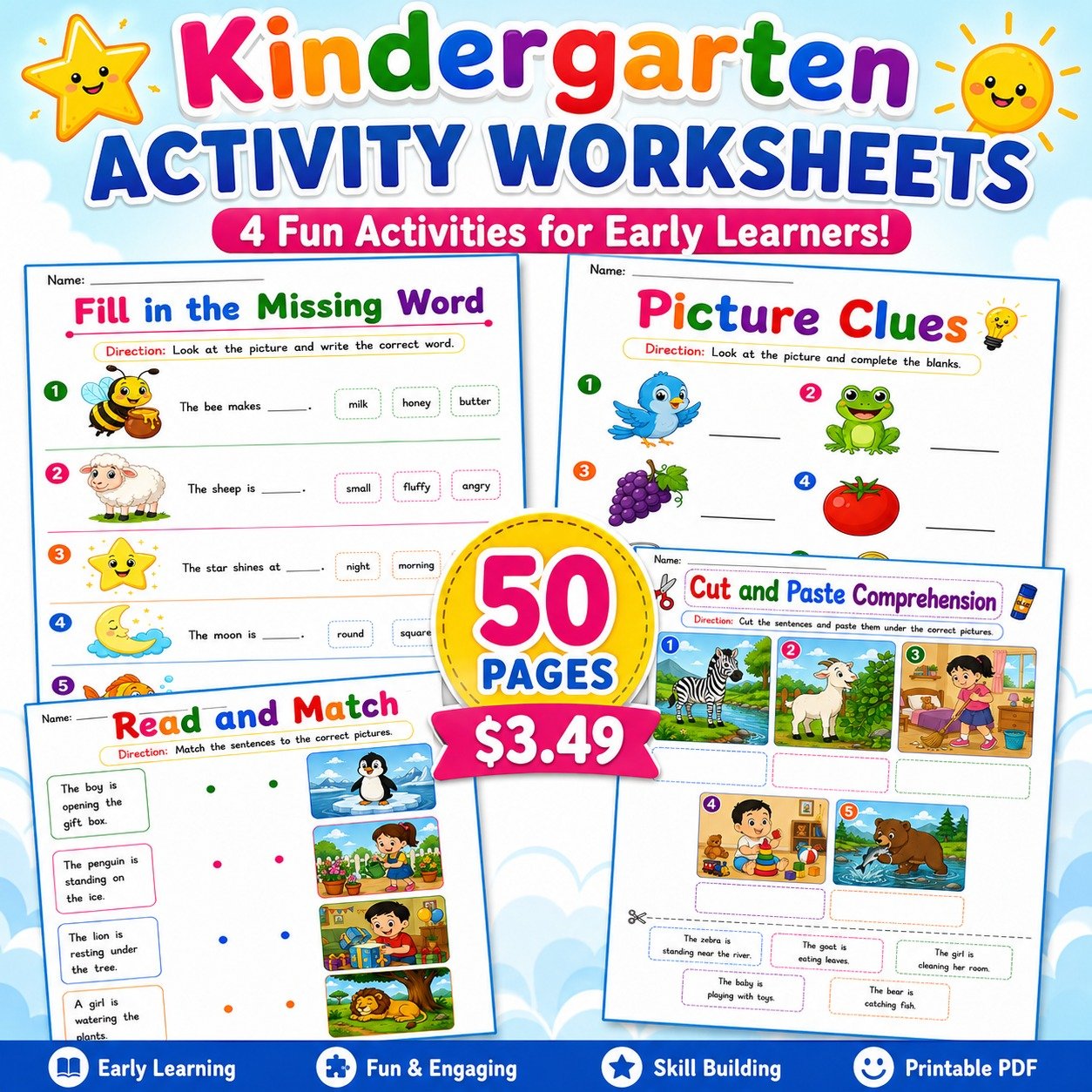 Kindergarten Reading Comprehension Bundle - Cut & Paste, Picture Clues, Match the Sentences Worksheets