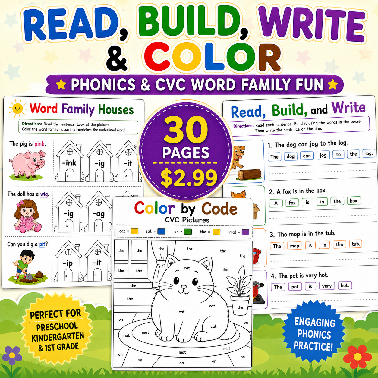 CVC Word Family Activities Bundle | Read Build Write & Color by Code Worksheets | Kindergarten Phonics Pack