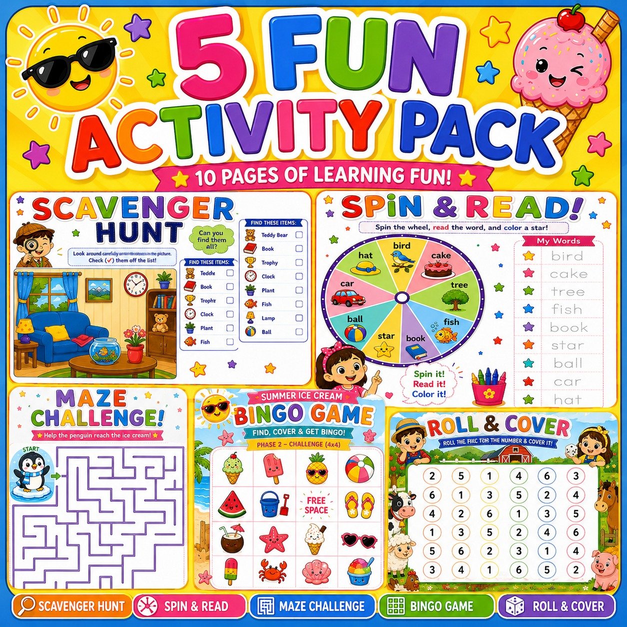 Printable Learning Games Pack for Kids | Scavenger Hunt, Spin & Read, Maze Challenge, Bingo Game & Roll and Cover Activities