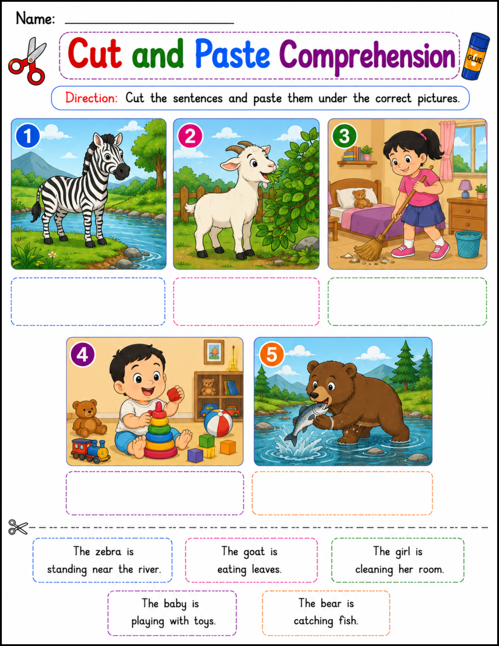Kindergarten Reading Comprehension Bundle - Cut & Paste, Picture Clues, Match the Sentences Worksheets – page 4