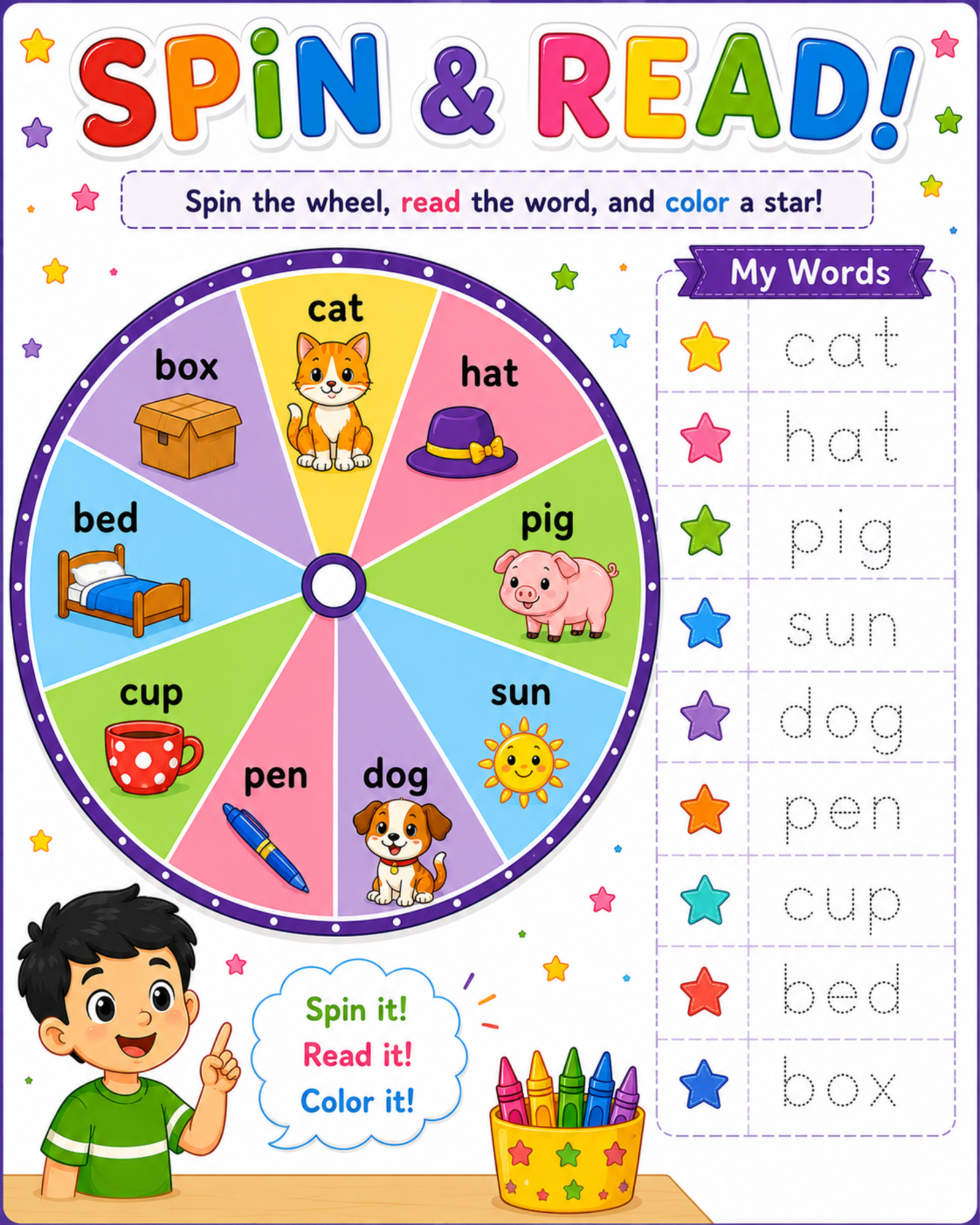 Printable Learning Games Pack for Kids | Scavenger Hunt, Spin & Read, Maze Challenge, Bingo Game & Roll and Cover Activities – page 1